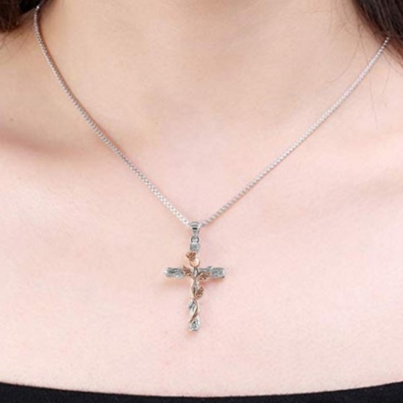 Sterling Silver Cross Necklace with Rose - Picture 3 of 3